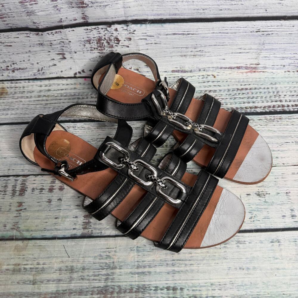 Coach Women’s 7B Black Leather Gladiator Sandals Silver Hardware Strappy